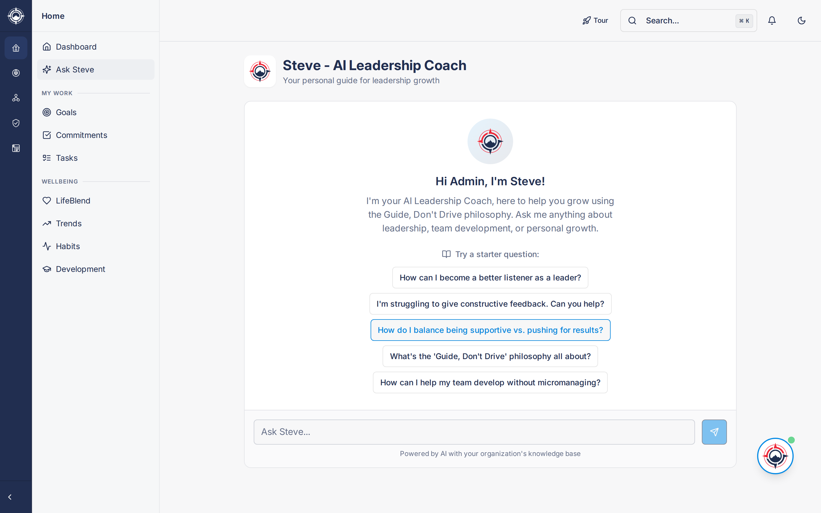Steve AI Leadership Coach interface in GuideOS